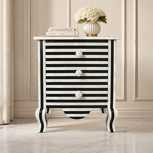 <b>Black</b> White Bone Inlay Handmade Durable Multifunction Nightstand Floral Design Scalloped Legs Storage for Home Office Hotel - Product Image 1