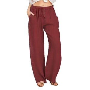 Pantalon large pour femme, taille haute, cordon de serrage, en lin et coton, coupe ample, couleur unie, décontracté, été, longueur entière, avec poches - Product Image 1