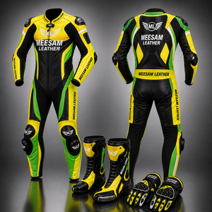 Combinaison de course moto en cuir à manches longues, respirante, avec protection airbag, design bleu-jaune pour homme, toutes saisons - Product Image 5