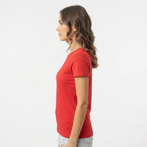 T-shirt rouge à col rond pour femme, manches courtes, coupe ajustée, 100 % coton jersey tricoté, décontracté, imprimé lettres, logo Hawk Eye, printemps-été - Product Image 4