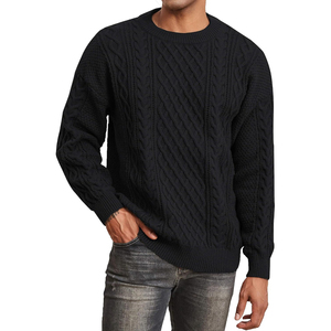 Pull en tricot torsadé à col rond pour homme, vert uni, manches longues, 100% laine, épais, pour l'hiver, anti-boulochage, tricoté à la main - Product Image 2