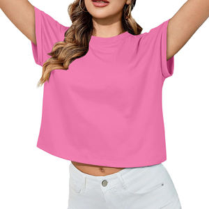 T-shirt court rose pour femme, à manches courtes, col rond, en jersey décontracté, couleur unie, tricoté, pour le printemps et l'été - Product Image 3