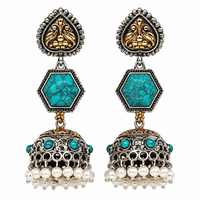Anting-anting gantung berbahan dasar perak antik berlapis perak oksidasi, buatan tangan bergaya Bohemia dengan bingkai bunga, batu pirus, dan mutiara, grosir untuk wanita.