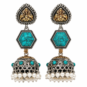 Wholesale Oxidized <b>Silver</b> Handcrafted Bohemia Flower Bezel Set Drop Earring Bulk Supplier Turquoise Stone Pearls Brass Women's - Product Image 1