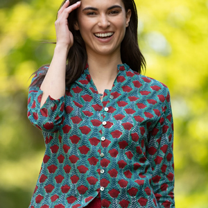 SALE Short KURTA TOP Style 7 Green with Red Tulips Women's Top Indian Top Patterned Top Hand Block For Her - Product Image 6