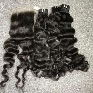 Extensions de cheveux vietnamiens Remy vierges ondulés naturels 1B Non traités HD Lace Closure Wig Raw Material Tresses - Product Image 1