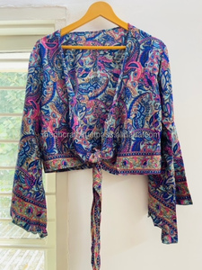 Bohemian Long Bell Sleeve Silk Tie <b>Top</b> for Women Hippie Wrap Crop <b>Top</b> Floral Print Summer Wear Front Tie <b>Top</b> for Beach Wear Bulk - Product Image 4