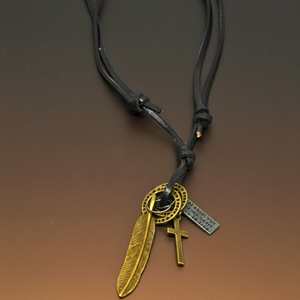 Wanderer's Faith Brass Gold 2.3-Inch Stainless Steel Pendant with Pearl Number Design & Adjustable Leather <b>Rope</b> for Men - Product Image 4