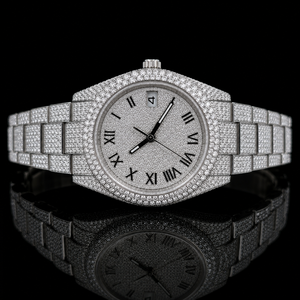 Montre Classique Citizen Entièrement Sertie de Diamants Moissanite VVS, Cadran Pavé Chiffres Romains, Date, Acier Inoxydable, Luxe Hip Hop pour Femme, Argent - Product Image 1