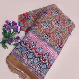 Tissu en crêpe marron ocre brodé, 54 pouces, motif floral, bordure Daman, léger, tissé, pour Kurti, Anarkali, robe de créateur, fournisseur indien - Product Image 4