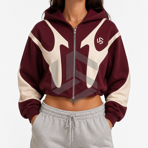 Women's <b>Cropped</b> <b>Zip</b>-<b>Up</b> Hoodie Color Blocked Maroon for Full Sleeve Hooded Sweatshirt Breathable Knitted Fabric Winter Front - Product Image 1