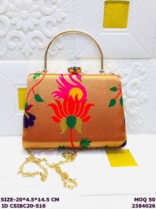 Luxury <b>Peacock</b> Print Silk Clutch <b>Bag</b> with Metal Handle | Designer Wedding Evening Handbag for Women | Indian Ethnic Party Purse - Product Image 6