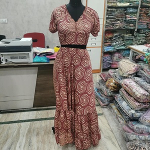 Women Rust Brown Printed <b>2</b> <b>Piece</b> <b>Set</b> V Neck Ruffle Crop <b>Top</b> <b>and</b> Tiered Maxi <b>Skirt</b> - Product Image 5