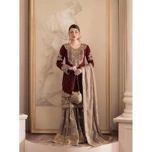 Blusa de Trabajo de Manga Larga con Bordado de Secuencia en Georgette de Viscosa de Moda, Sharara con Dupatta, Color Granate - Product Image 1