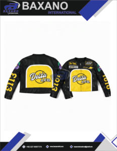 Chaqueta de Motociclista de Cuero Sintético Negro y Amarillo de la Hermandad Delta Sigma Theta DST con Letras Griegas Bordadas para Mujer - Product Image 4