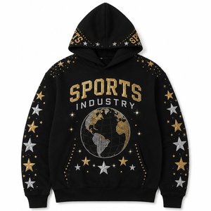 Ensemble de survêtement 2 pièces personnalisé pour homme, noir, or, argent, avec broderie étoile et globe, style universitaire, sweat à capuche et pantalon de survêtement orné de strass, fournisseur en gros - Product Image 1