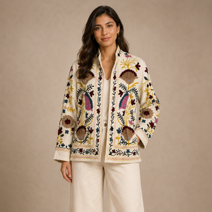Chaqueta de algodón Suzani hecha a mano en India, chaqueta corta bordada a mano, abrigo unisex, chaqueta corta Suzani hecha a mano - Product Image 1