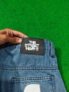 Snow Washed Blue Customize Embroidery Denim Jorts Embroidery <b>Patch</b> Loose Fit Wide Straight Leg Denim <b>Shorts</b> <b>Men</b> - Product Image 3