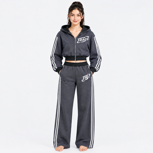 Women's 2 Piece Tracksuit Set <b>Cropped</b> Zip Hoodie Wide Leg Sweatpants Side Stripe Sporty <b>Jogger</b> Set Black Red - Product Image 5