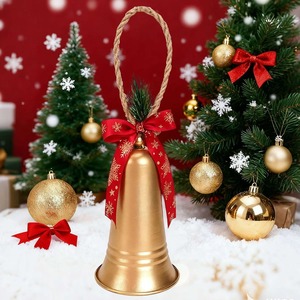 Traditional Golden Christmas Bell <b>Ornament</b> with <b>Red</b> Ribbon and Pine Accent Metal Hanging Decoration - Product Image 1