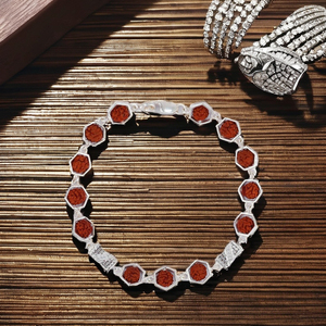 925 Silver Rudraksha <b>Bracelet</b> with Natural <b>Crystal</b> Classic Hexagonal Bezel and Designer Accents Made in India - Product Image 2