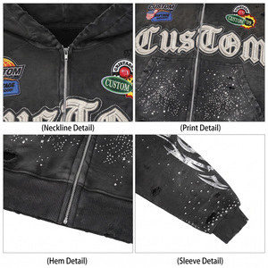 เสื้อฮู้ดซิปผู้ชาย ตกแต่งด้วย Rhinestone Applique Patch ผ้าเฟรนช์เทอร์รี่ 450gsm ฟอกสีซีดสไตล์วินเทจ ทรงบ็อกซี่ สตรีทแวร์ - Product Image 3