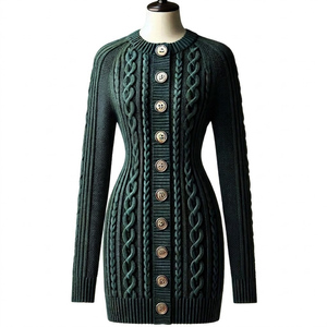 <b>Women</b> Rib Knit Button Front Pullover <b>Dress</b> Full Sleeve Crew Neck Mini Length 100% Acrylic Elegant Winter Style - Product Image 1