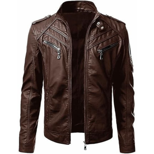 Men's Brown Lambskin <b>Leather</b> Biker <b>Jacket</b> Slim Fit Zipper Closure Stand Collar Regular Length Solid Color <b>Jacket</b> - Product Image 1