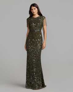 Robe de soirée fourreau vert olive brodée à motifs géométriques, avec franges au col, sans manches, longueur ras du sol, robe de bal, soutien-gorge intégré, anti-plis - Product Image 4