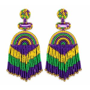 Rizir Fashion Mardi Gras Imitation Pearl <b>Beaded</b> Embroidery Handmade Fringe Statement Dangle Earrings Purple Green Gold Party - Product Image 1