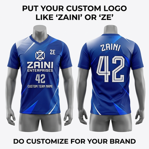 เสื้ออเมริกันฟุตบอลแบบยูนิเซ็กซ์ 220 GSM ผ้าโพลีเอสเตอร์พรีเมียมแบบตาข่ายสีน้ำเงิน  พร้อมโลโก้ทีมแบบซับลิเมชั่นสั่งทำพิเศษ ชุดทีมแบบสั้น - Product Image 1