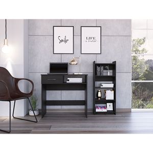 Set da Ufficio Domestico Vizcaya con Cassetto Singolo, Vassoio per Tastiera e Libreria, Scrivania per Computer Nera - Product Image 1