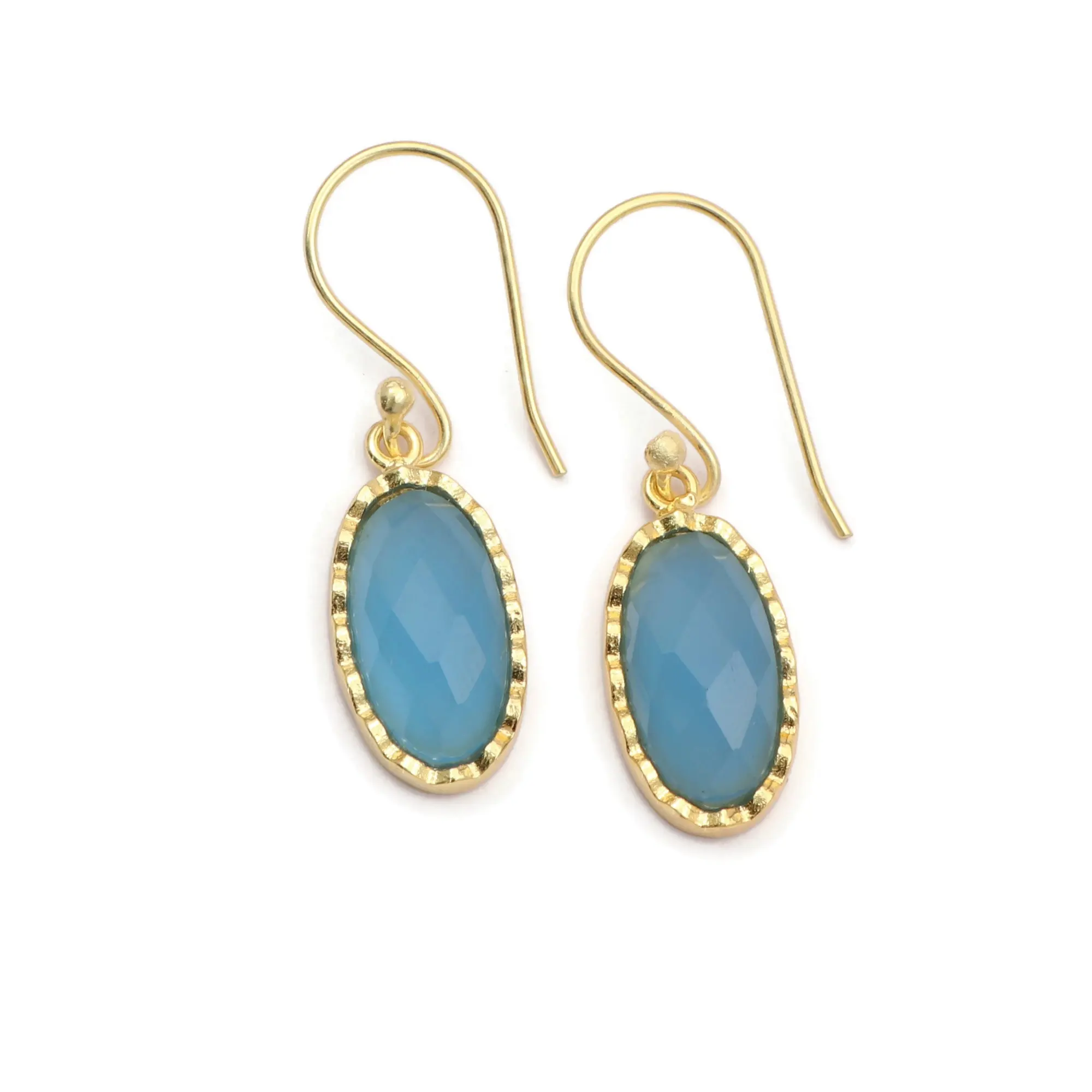 Blue Chalcedony Oval Shape Gemstone Earrings Gold Plated Designer Hook Earrings with Edge Detail Fashionable Jewelry