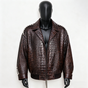 Veste moto en cuir PU marron gaufré pour homme avec détails rivetés, col rabattable, fermeture éclair, coupe classique, style automne - Product Image 1