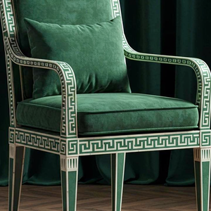 Fauteuil moderne en velours vert avec motif clé grecque, chaise de salon traditionnelle, dossier solide, rembourrage en mousse, mobilier de maison - Product Image 2