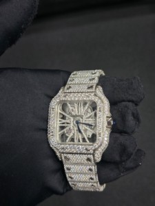 Montre de luxe en acier inoxydable avec mouvement mécanique, boîtier carré, chiffres romains, sertie de moissanite VVS, style hip-hop - Product Image 4
