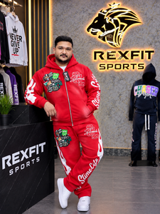 Custom Red Zip Up <b>Tracksuit</b> <b>Men</b> Graphic Streetwear Hoodie Jogger Set Printed Fleece Sweatshirt Pants Casual Sportswear Set - Product Image 1