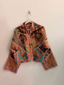 Veste en coton brodée à la main à motifs floraux, col mandarin, manches trois quarts, style Prairie Chic, longueur courte, pour femme - Product Image 2