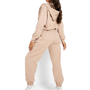 2026 Women <b>Zip</b> <b>up</b> <b>Cropped</b> Hoodie Set Custom 100% Cotton Fleece Oversized Hoodie and Cuffed Sweatpants Cotton Sweat suits - Product Image 6