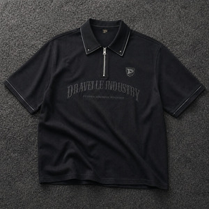 <b>Men</b>’s Charcoal Black Zip Polo Shirt, Y2K Streetwear Cotton Pique Tee, <b>Studded</b> Collar, Cropped Boxy Fit - Product Image 3