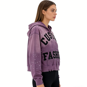 Women's Washed <b>Cropped</b> <b>Zip</b> <b>up</b> Hoodies Custom Personalized Applique Lettering Raw Hem Hoodies for Streetwear Y2K Fashion - Product Image 2