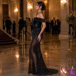 Vestido de noche negro con cuentas estilo sirena para mujer |   Vestido de fiesta largo hecho a mano con malla en el hombro |   Vestido de Diseñador con Cuello Halter para Ocasiones Formales - Product Image 4