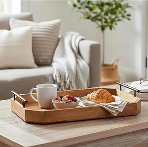 Plateau de rangement rectangulaire en bois avec poignées, finition vernie, design minimaliste, pour utilisation sur table, service de boissons et de nourriture, durable - Product Image 6