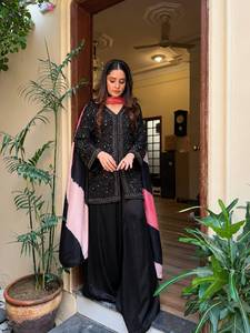 Women Black Zari Embroidered <b>Kurta</b> Palazzo Set with Pink Dupatta Traditional <b>Indian</b> Pakistani Ethnic Wear Floor-Length Quick Dry - Product Image 1