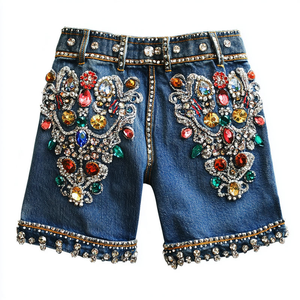 Shorts en jean de luxe pour femmes, ornés de strass, taille haute, avec cristaux, shorts de créateur, mode, OEM ODM - Product Image 4