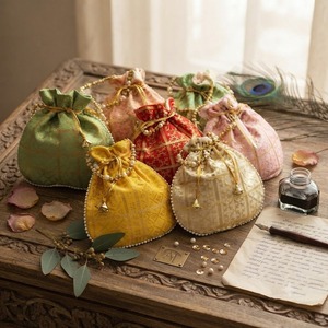 Wholesale Bulk Indian Ethnic Silk <b>Potli</b> <b>Bags</b> with Handcrafted Embroidery, Decorative Pearl Bead Handles, and Premium Drawstring - Product Image 1