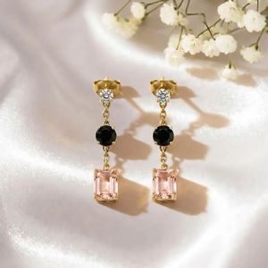 Handmade Morganite & <b>Black</b> Obsidian <b>Earrings</b> CZ Accent Rectangle Drop <b>Stud</b> Minimalist Gemstone Jewelry Gift For Her - Product Image 5
