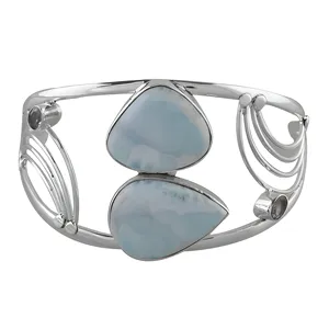 Bracelet manchette en argent sterling 925 avec larimar bleu naturel, motif volute orné, fait main, style statement - Product Image 1
