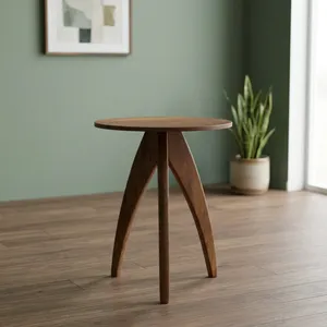 Modern Round Wood Side Table Midcentury Design Handmade Living Room Furniture - Product Image 1