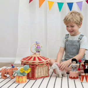 Best <b>Round</b> House Rattan Kids Room Toy Storage <b>Basket</b> Red Patterned <b>Wicker</b> Box Container Children Room Decor Wholesale - Product Image 4